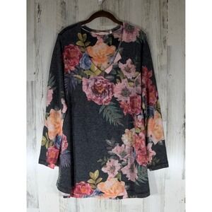 Soft Surroundings Tunic Sweater Size XL Gray Pink V-Neck Floral Cottagecore